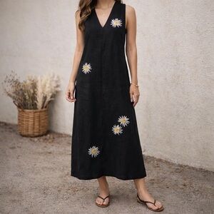 Sharon Young Black Linen Embroidered Daisy 90s Minimalist Midi Dress Sz 8